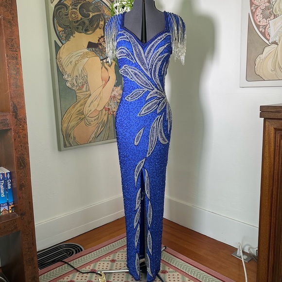 Sho Max Originals Dresses & Skirts - Vintage Sho Max Originals Blue Silk Beading Allover Fringe Front Slip Maxi Dress